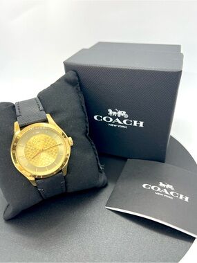 Coach Maddy Gold Signature C Dial Black Leather Watch CA.69.3.34.0705 Box